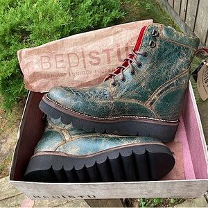 BED STU Boots ELISHA II Bench Made Platform Leather Green Dark Teal Black Size 8